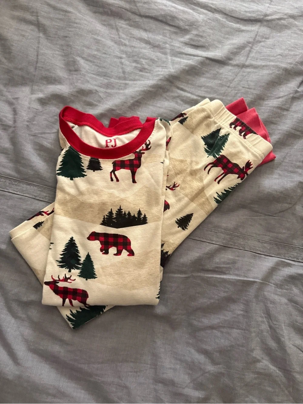 Kids Buffalo Plaid Moose & Bear Pajama Set - Cream with Red & Green